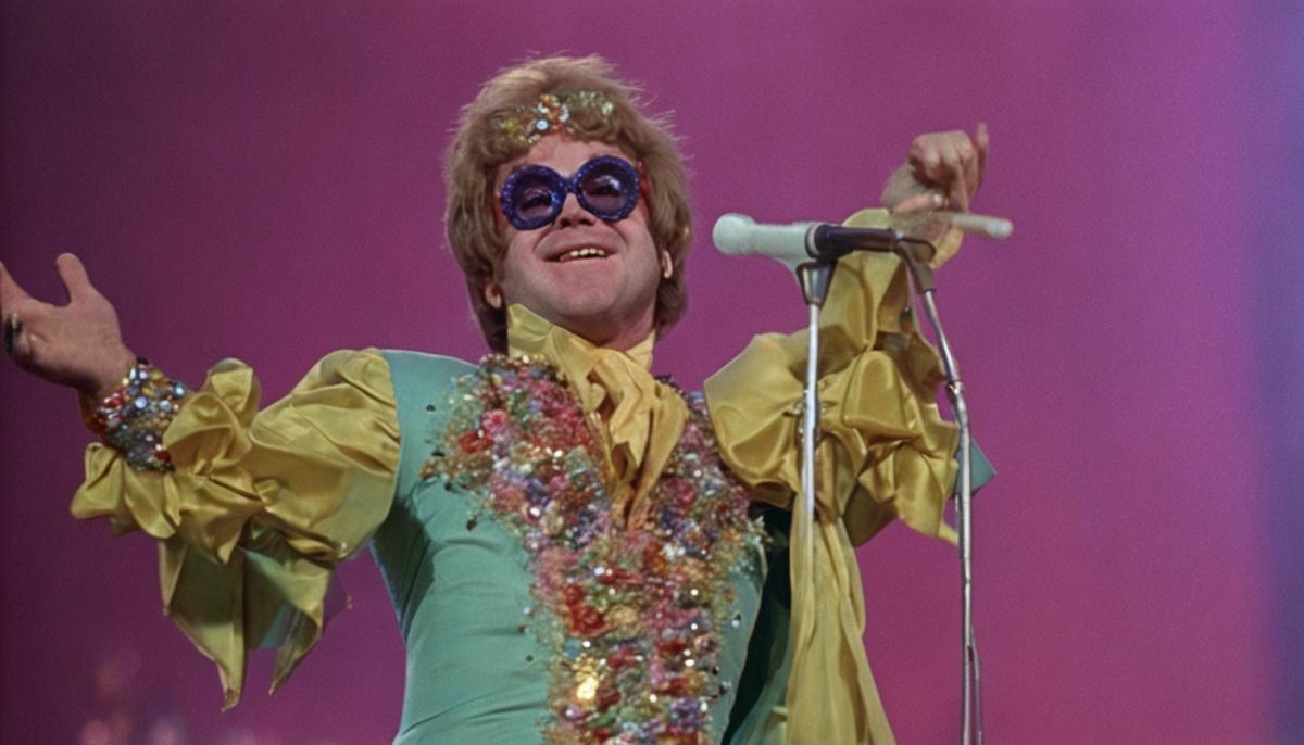 Elton John performing on stage in the 1970s wearing an extravagant costume