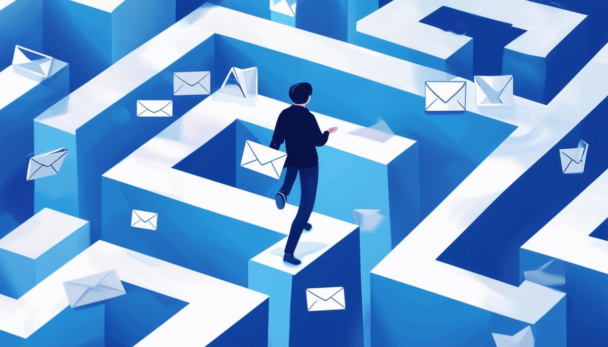 A person navigating a maze with email icons scattered throughout, symbolizing the challenges of achieving high deliverability and avoiding spam filters in cold email outreach.