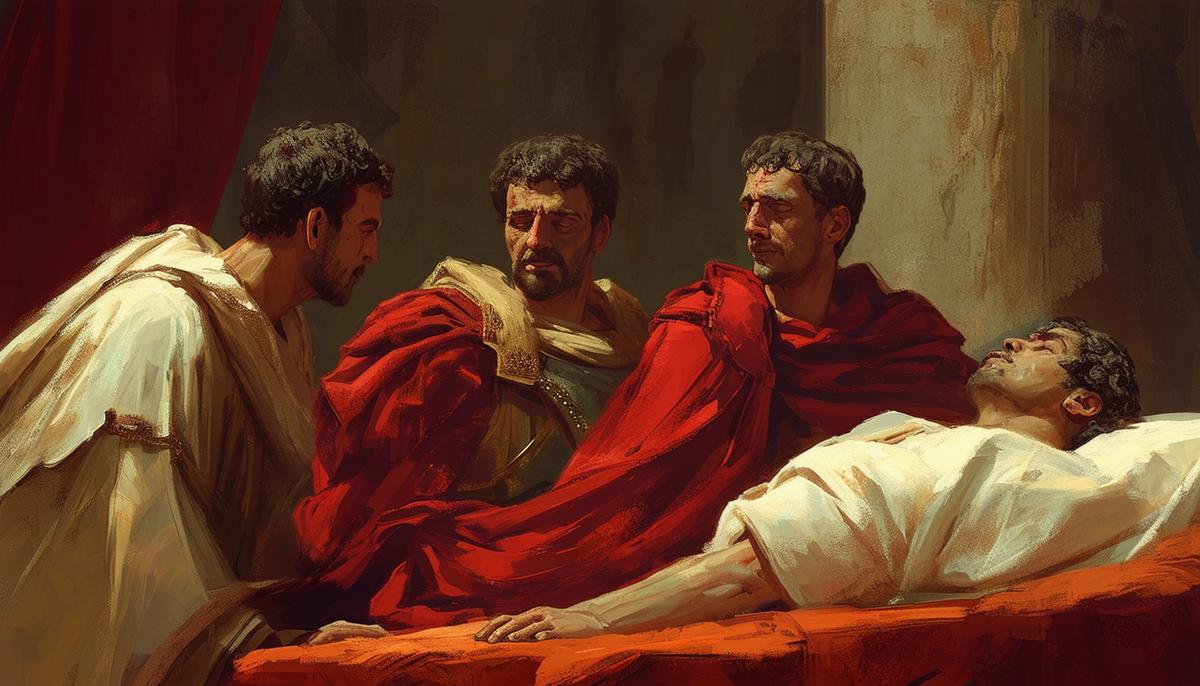 A painting of the death of Emperor Carus, with his sons Numerian and Carinus at his deathbed looking somber