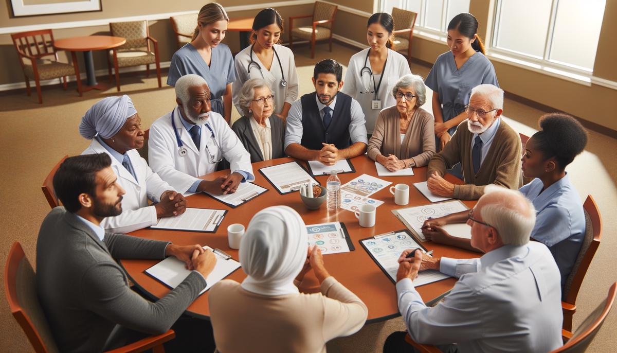 A diverse group of employees in a meeting discussing benefits and support services in an assisted living facility