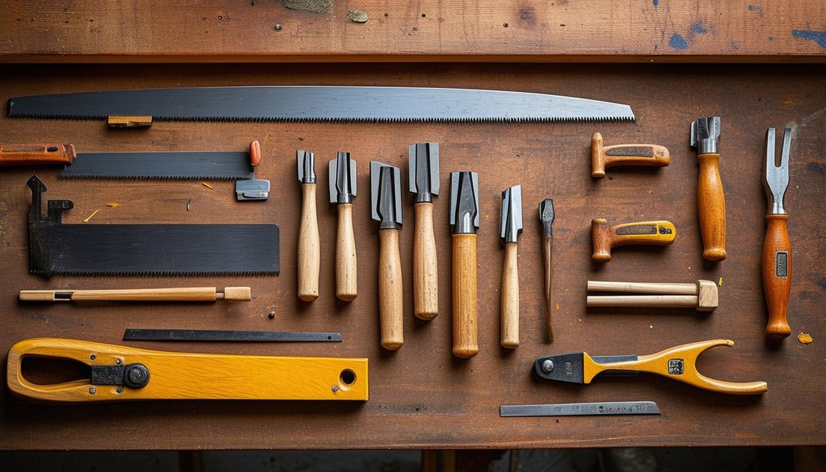 A collection of essential woodworking hand tools, including saws, chisels, and clamps, arranged neatly on a workbench.