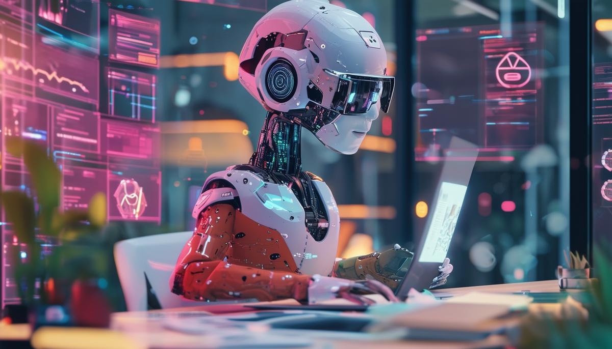 An anthropomorphized representation of an ethical AI guide overseeing the content creation process, ensuring adherence to guidelines and standards.