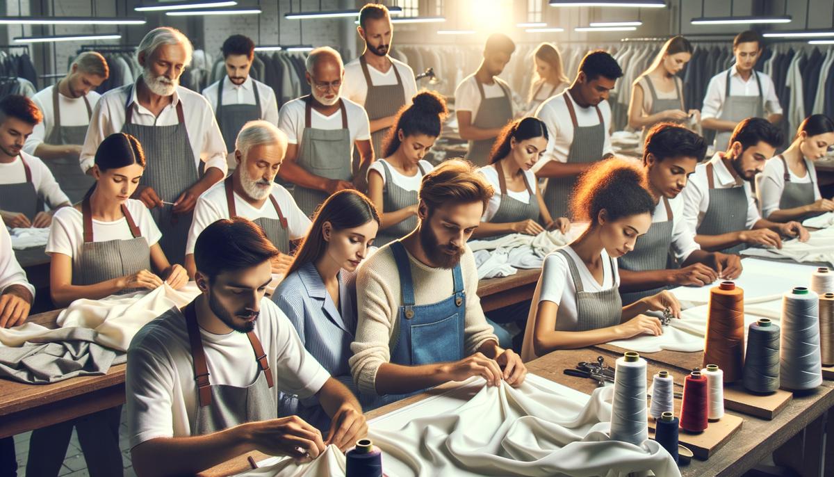 A group of skilled artisans working on intricate garments, illustrating the fair wages and safe working conditions promoted by slow fashion brands.