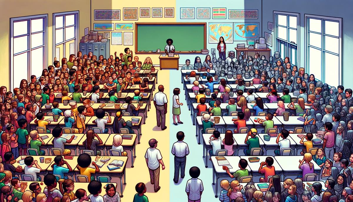 An image depicting the comparison between a large classroom with many students and a smaller classroom with fewer students, illustrating the difference in class sizes between public and private schools in Arizona