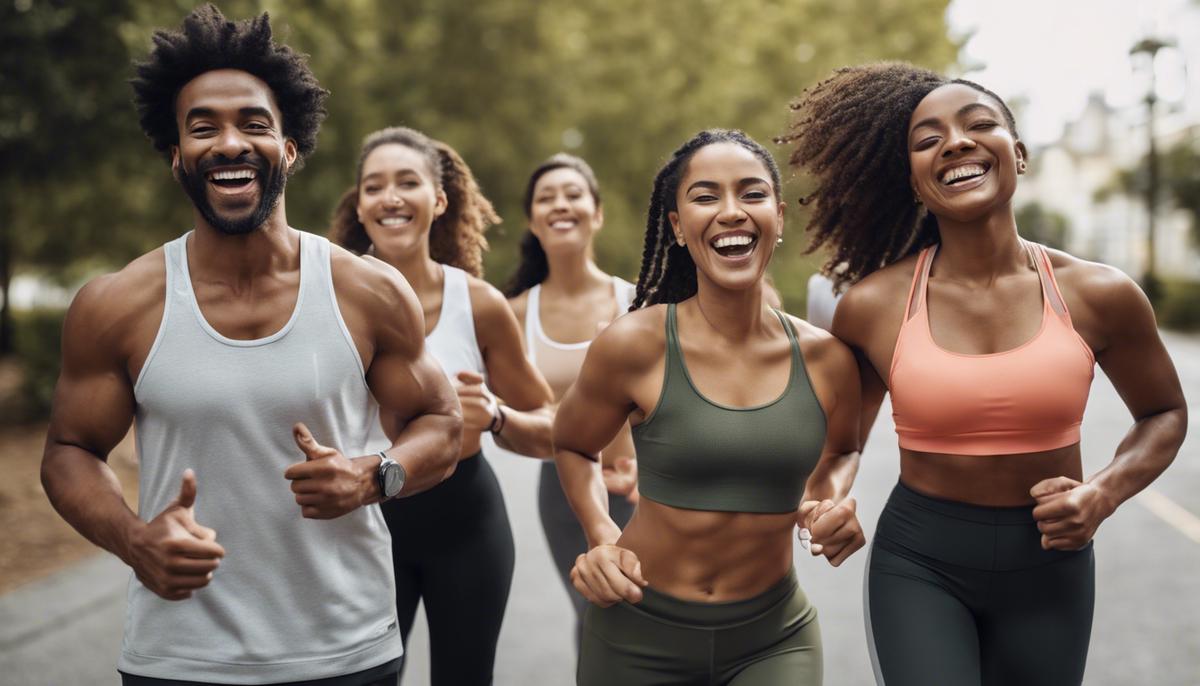 A group of diverse friends exercising together outdoors, looking happy and motivated.