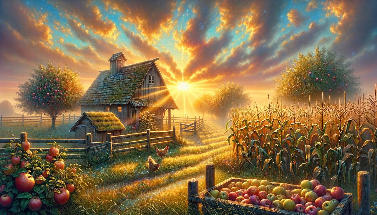 A peaceful farmyard at dawn, with tall corn, an apple orchard, and a colorful chicken coop