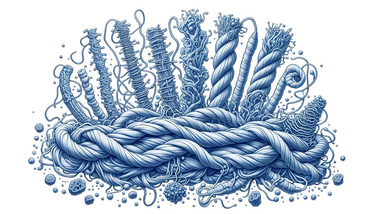 A scientifically accurate illustration depicting examples of various fibrous proteins like collagen, keratin, and elastin, highlighting their elongated, rope-like structures and their roles in providing strength and elasticity to tissues.