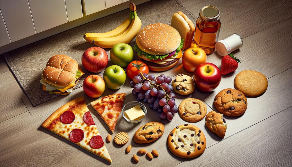 An image showing various types of food items dropped on the floor, representing the five-second rule debate