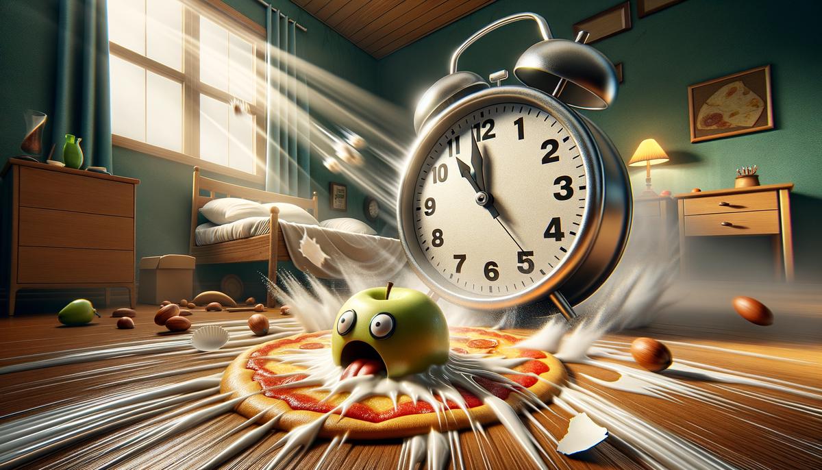 A humorous representation of the five-second rule with a clock ticking and food on the floor