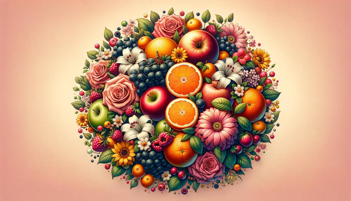 Image of a colorful arrangement of fruits and flowers to represent the symbolism in the text, celebrating the fourth year of marriage with fruit and floral motifs. Avoid using words, letters or labels in the image when possible.