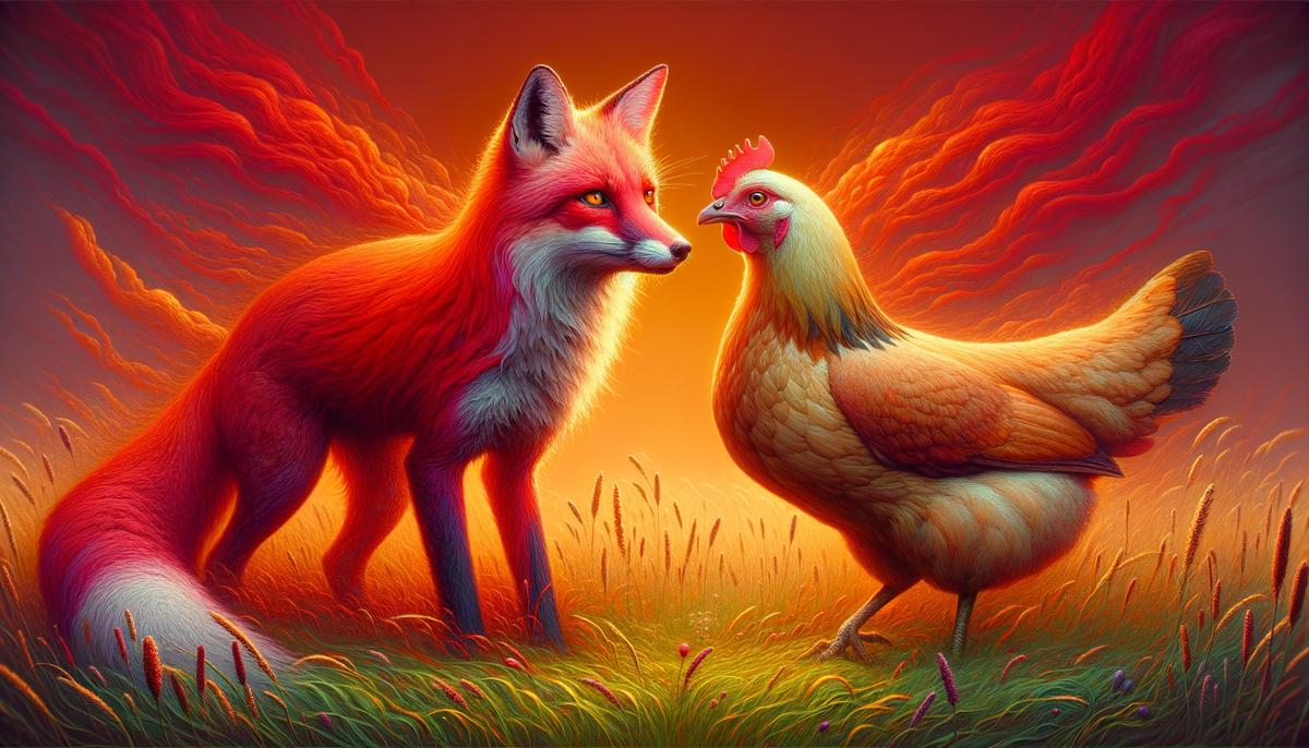 A fox and a hen standing together at dawn, looking into each other's eyes