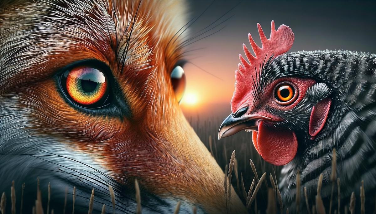 Close-up of a fox and hen's eyes meeting across a field, reflecting a mix of fear, wonder, and curiosity