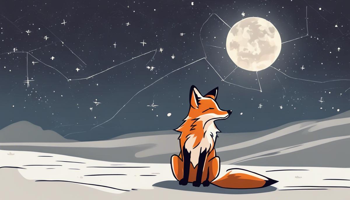 A fox sitting alone at night, gazing up at the stars with a pensive expression