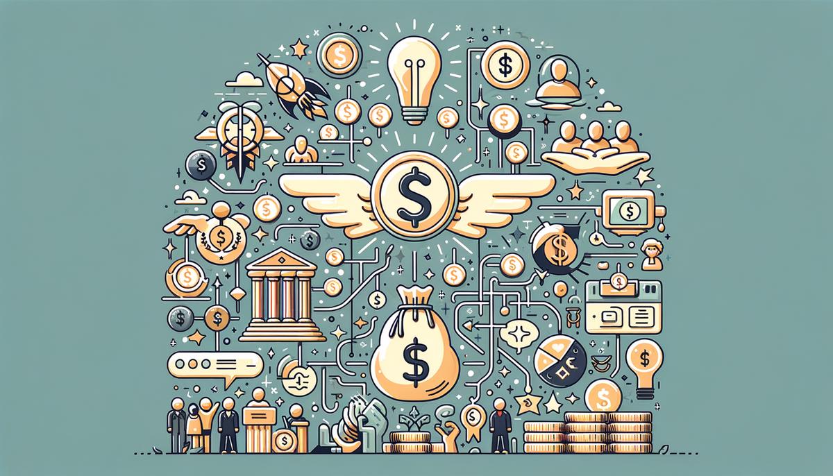 An illustration depicting various funding sources for businesses, such as coins, dollar signs, crowdfunding platforms, and investors.