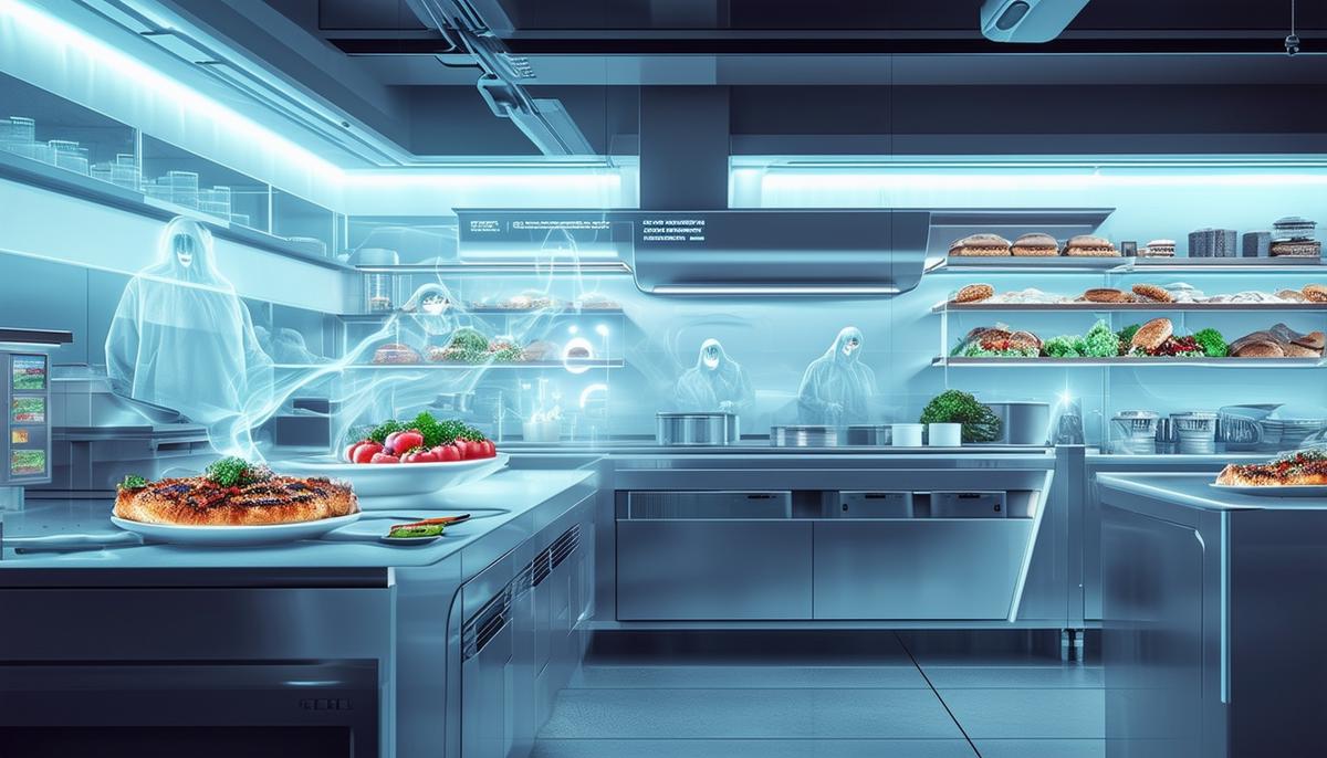 A futuristic depiction of a ghost kitchen, with advanced technology, sustainable packaging, and a focus on high-quality food. The image conveys the evolution of ghost kitchens and their potential to revolutionize the food industry in the coming years.