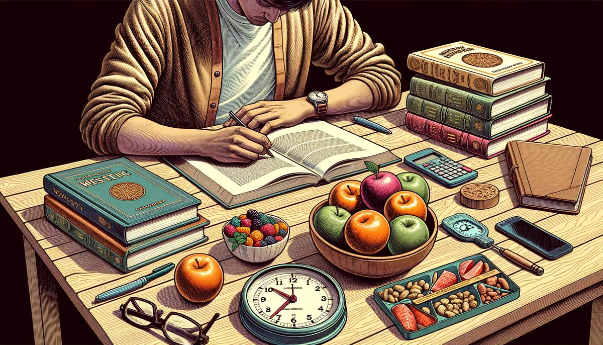 An image showing a person studying with books, a clock, and healthy snacks on a desk