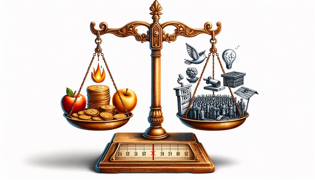 A balanced scale with the advantages of ghost kitchens on one side and the challenges they face on the other. The advantages include financial efficiency, flexibility, and market testing, while the challenges include food quality, trust, and competition.