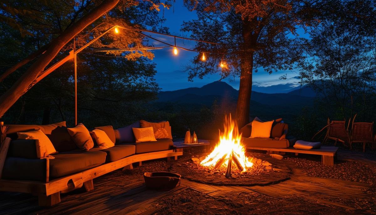 A warm and inviting campfire at night in a glamping setting, surrounded by comfortable seating and a cozy ambiance.