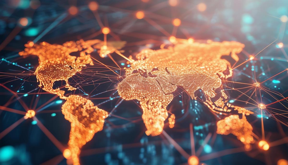 A visually striking representation of a global financial network, with interconnected nodes and lines depicting the flow of information and influence.