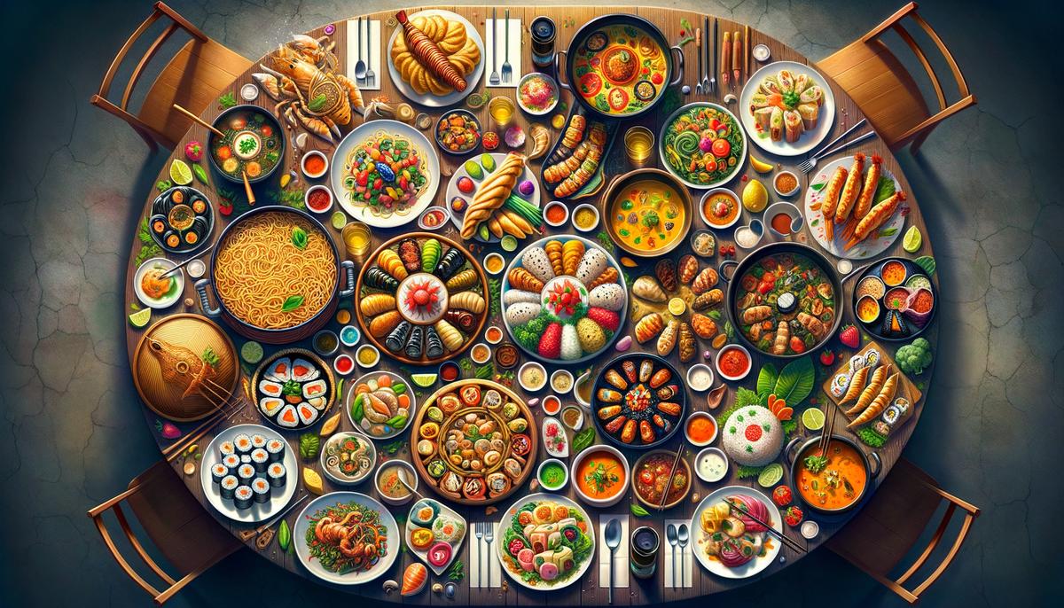 Variety of foods from different countries displayed on a table