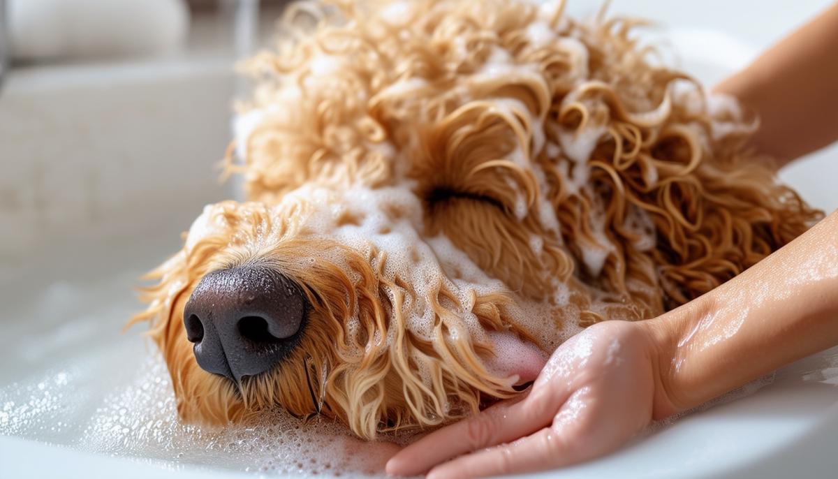 A contented Goldendoodle savoring a warm, soothing bath, its eyes closed in relaxation as gentle hands massage shampoo into its curly coat. The image highlights the importance of a patient, empathetic approach during the bathing process, transforming the experience into a bonding moment between dog and owner.