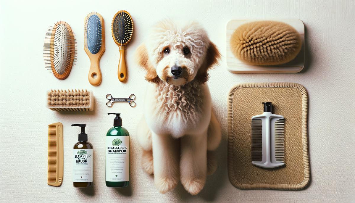 An assortment of essential Goldendoodle grooming tools, including a slicker brush, hypoallergenic shampoo, and a non-slip mat, thoughtfully arranged on a clean surface. The high-quality products emphasize the importance of proper preparation and tool selection for a successful and comfortable bathing experience.