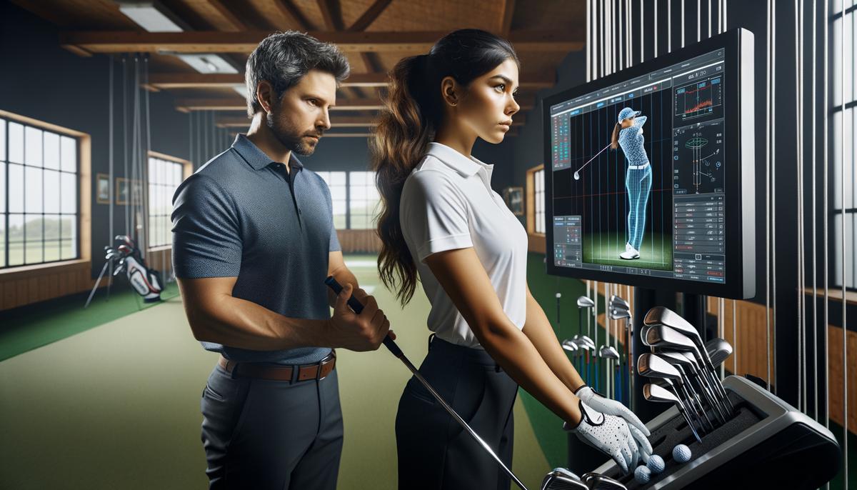 A golfer being fitted for golf clubs by a professional using high-tech equipment