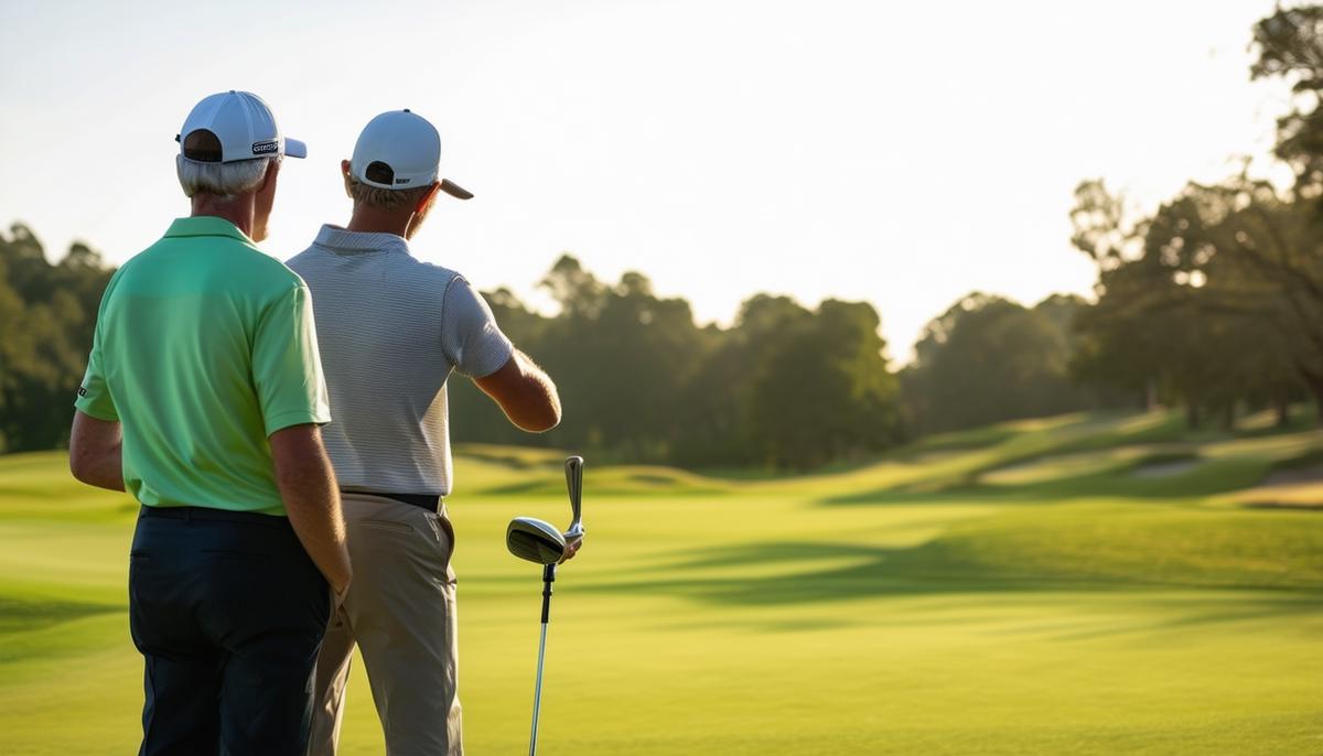 A golfer getting a lesson and feedback from a professional golf instructor