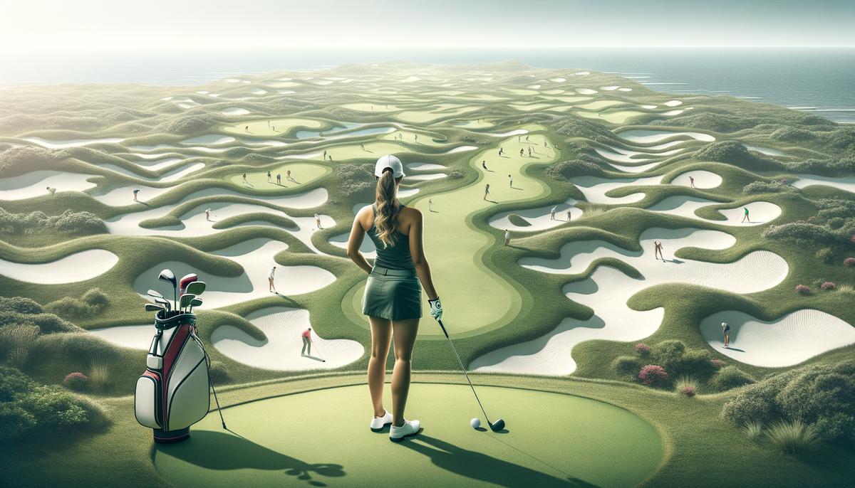 An adventurous golfer navigates a challenging, diverse golf course, adapting their game to the unique terrain.