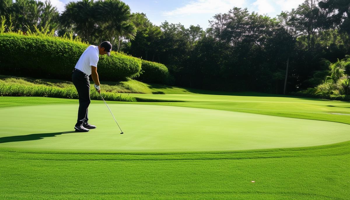 A golfer practicing chipping and putting on a well-manicured practice green