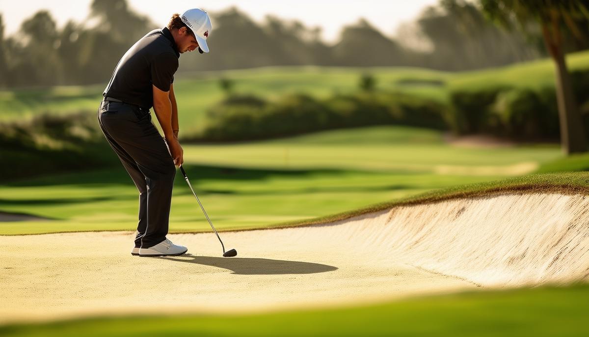 A focused golfer practises their chipping technique in a bunker, honing their skills to master the short game.