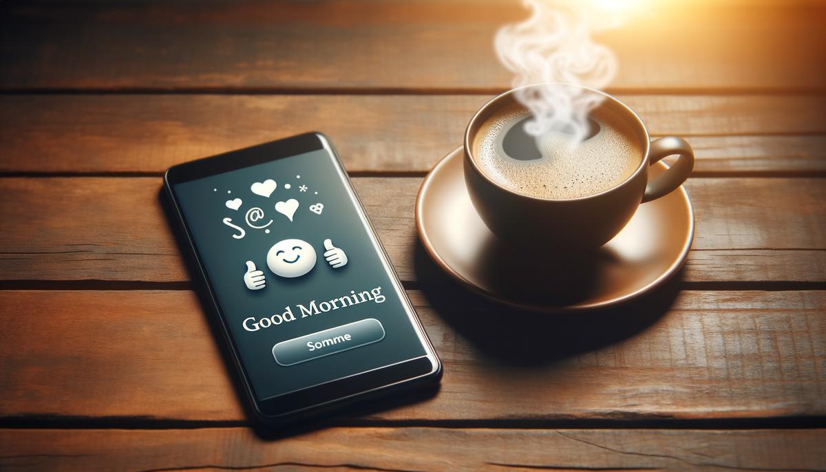 A cup of coffee next to a phone with a good morning text message displayed on the screen. Avoid using words, letters or labels in the image when possible.