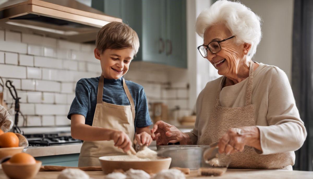 A smiling elderly woman teaching her young grandson how to bake in a cozy kitchen