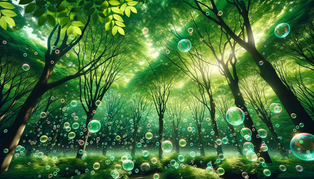 Green bubbles floating in the air, creating a magical and whimsical atmosphere