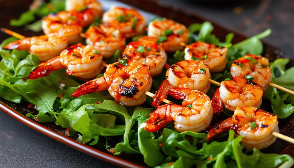 Colorful grilled shrimp skewers, brushed with a vibrant red chile sauce, served on a bed of fresh greens.