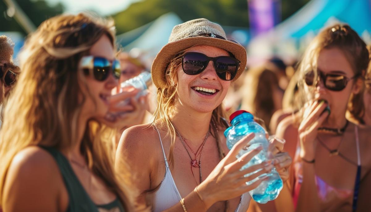 A group of people drinking water and staying hydrated at a music festival.