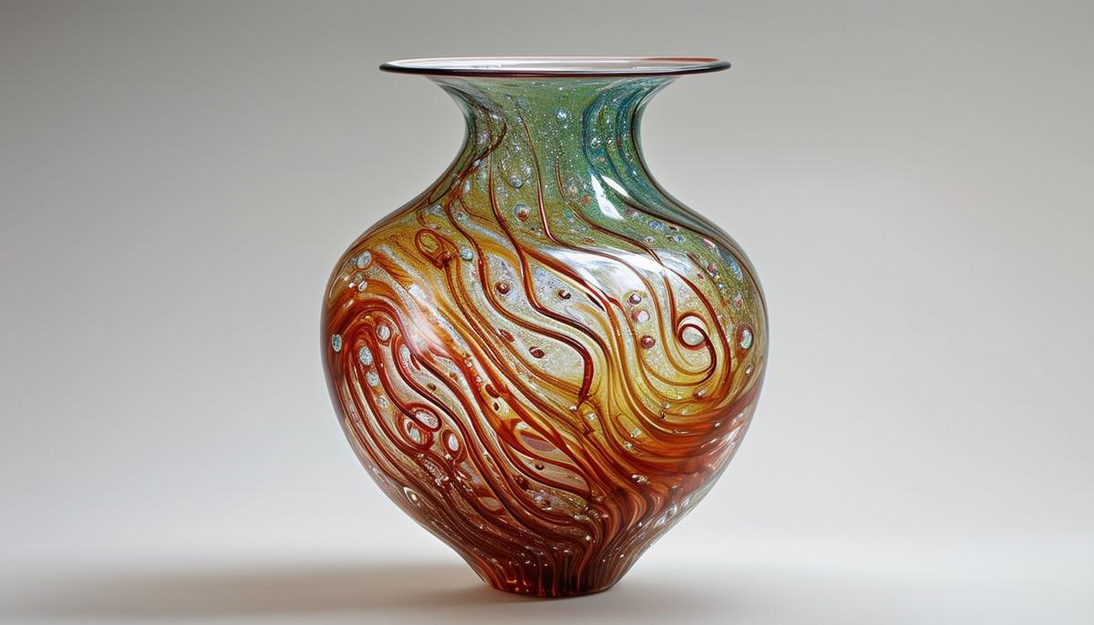 A uniquely crafted handmade glass vase with intricate swirls and bubbles.