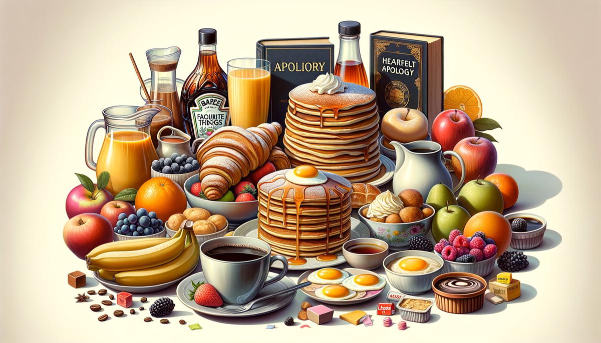 An image of items representing a collection of a person's favorite things, such as breakfast foods, books, and coffee, symbolizing a heartfelt apology.. Avoid using words, letters or labels in the image when possible.