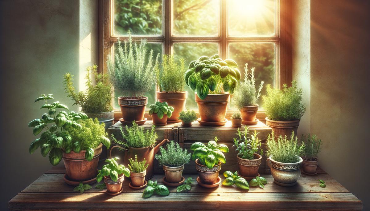 A variety of herbs growing in small pots on a windowsill, showcasing the beauty of a windowsill herb garden