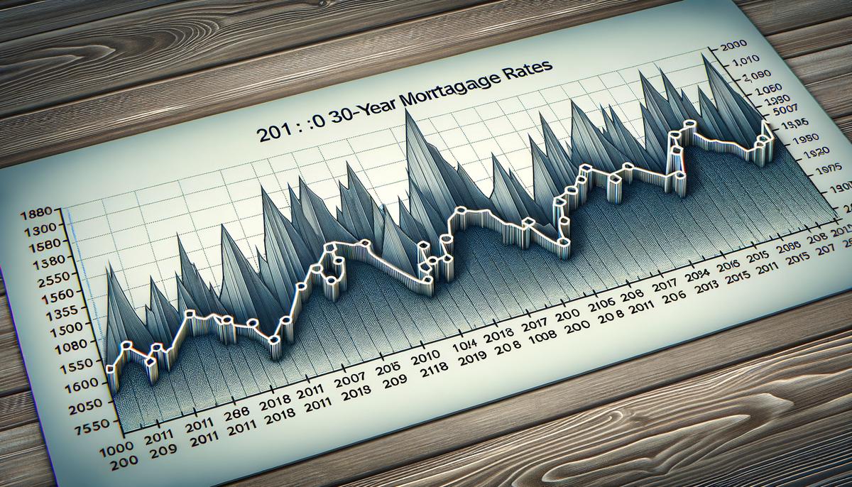 A realistic image depicting a timeline graph showing the trajectory of 30-year mortgage rates over the decades, with peaks and valleys reflecting historic highs and lows.