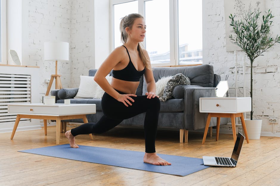 A person exercising in a small, dedicated home workout space, using minimal equipment and looking focused.