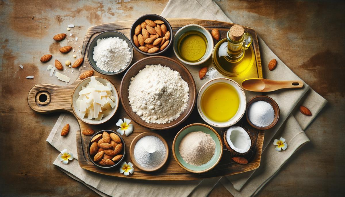 Ingredients for making homemade tortillas including almond flour, coconut flour, psyllium husk powder, baking powder, olive oil, and salt