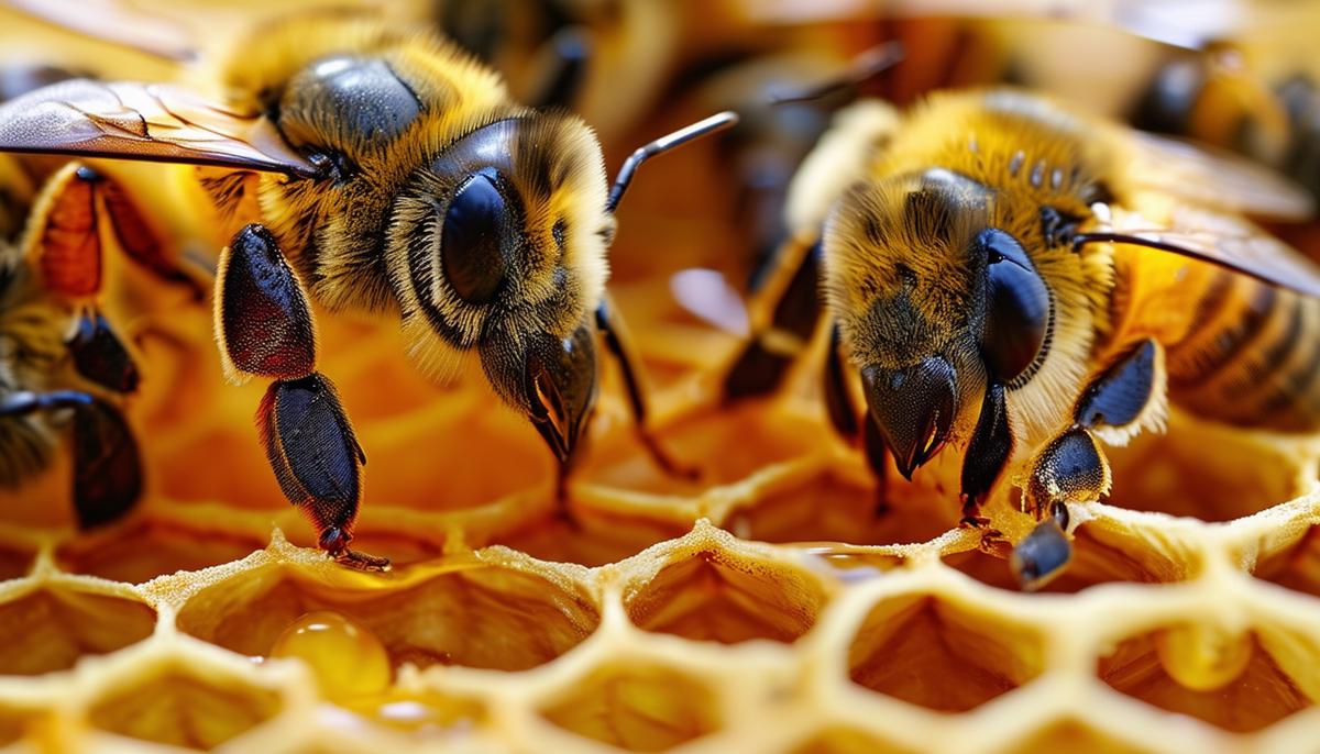 A close-up view of honey bees working together to build and fill a honeycomb with fresh honey.