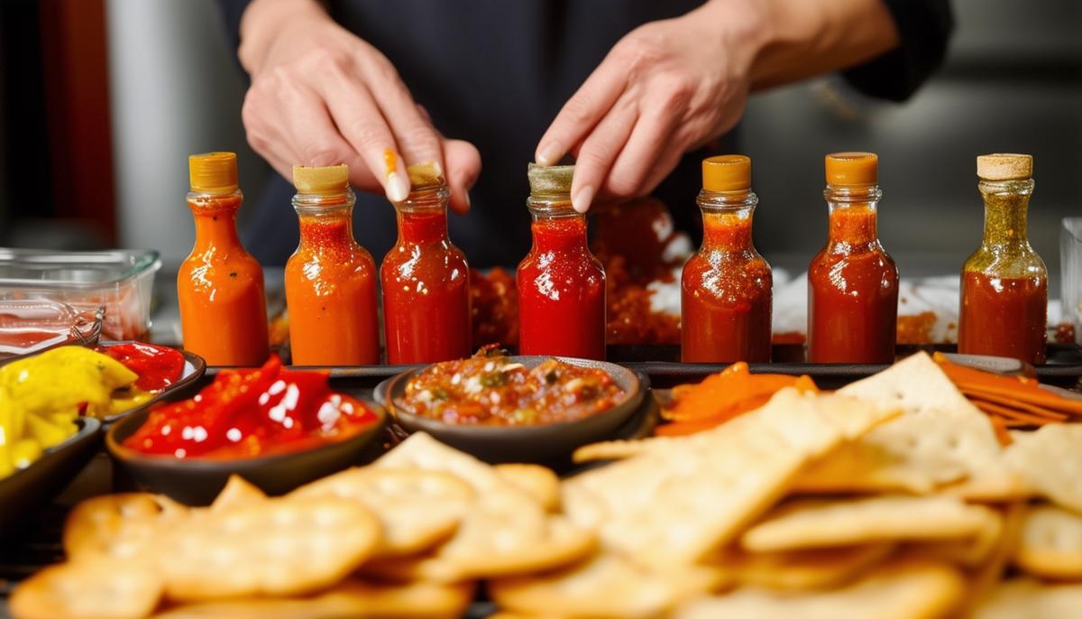 Eine person beim Vorbereiten unterschiedlicher Hot Sauces zum Verkosten, umgeben von neutralen Nahrungsmitteln wie Crackern oder Chips