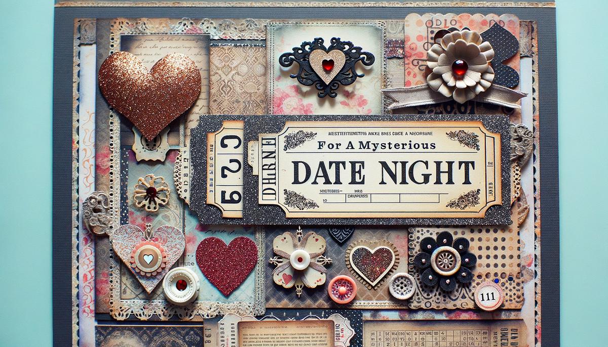 Image of scrapbook and ticket for surprise date night. Avoid using words, letters or labels in the image when possible.