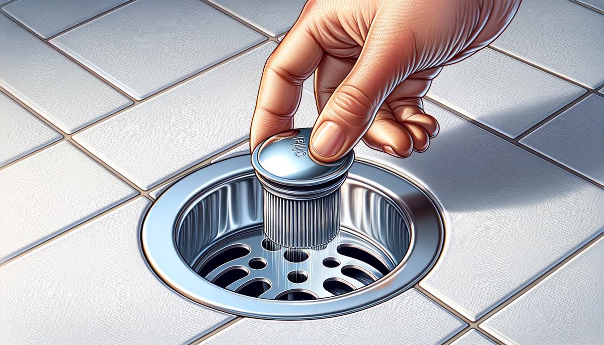 A stainless steel shower drain strainer being inserted into a clean drain to catch hair and debris and prevent future clogs.