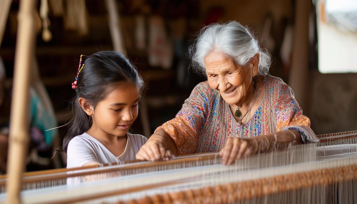 An elderly woman with a kind smile guiding the hands of a young girl as they weave together on a loom.