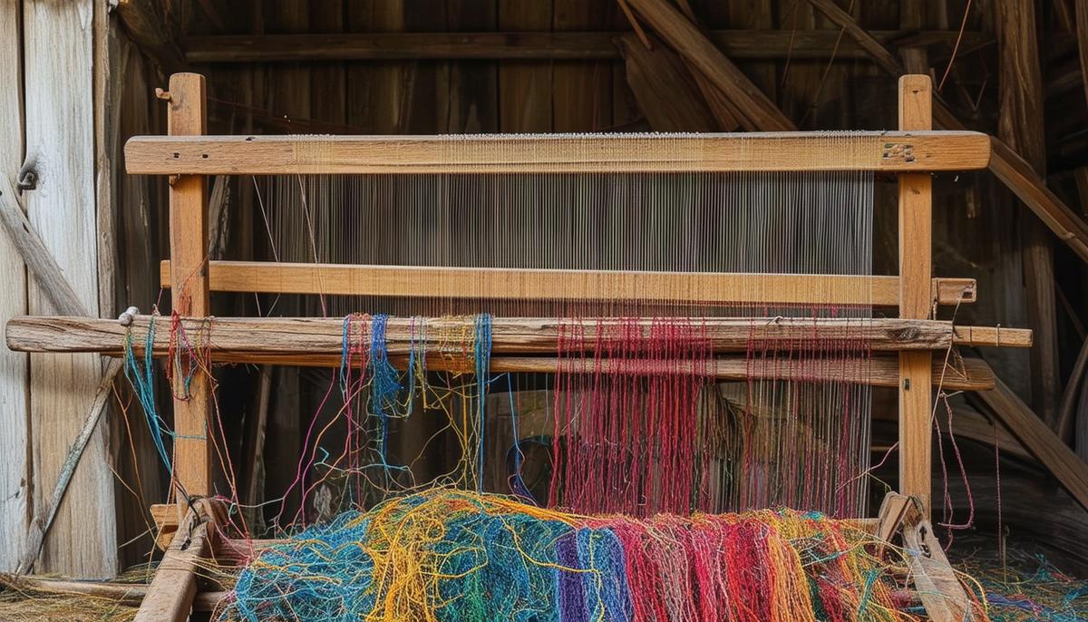 An old wooden loom with a broken frame, surrounded by tangled colorful threads.