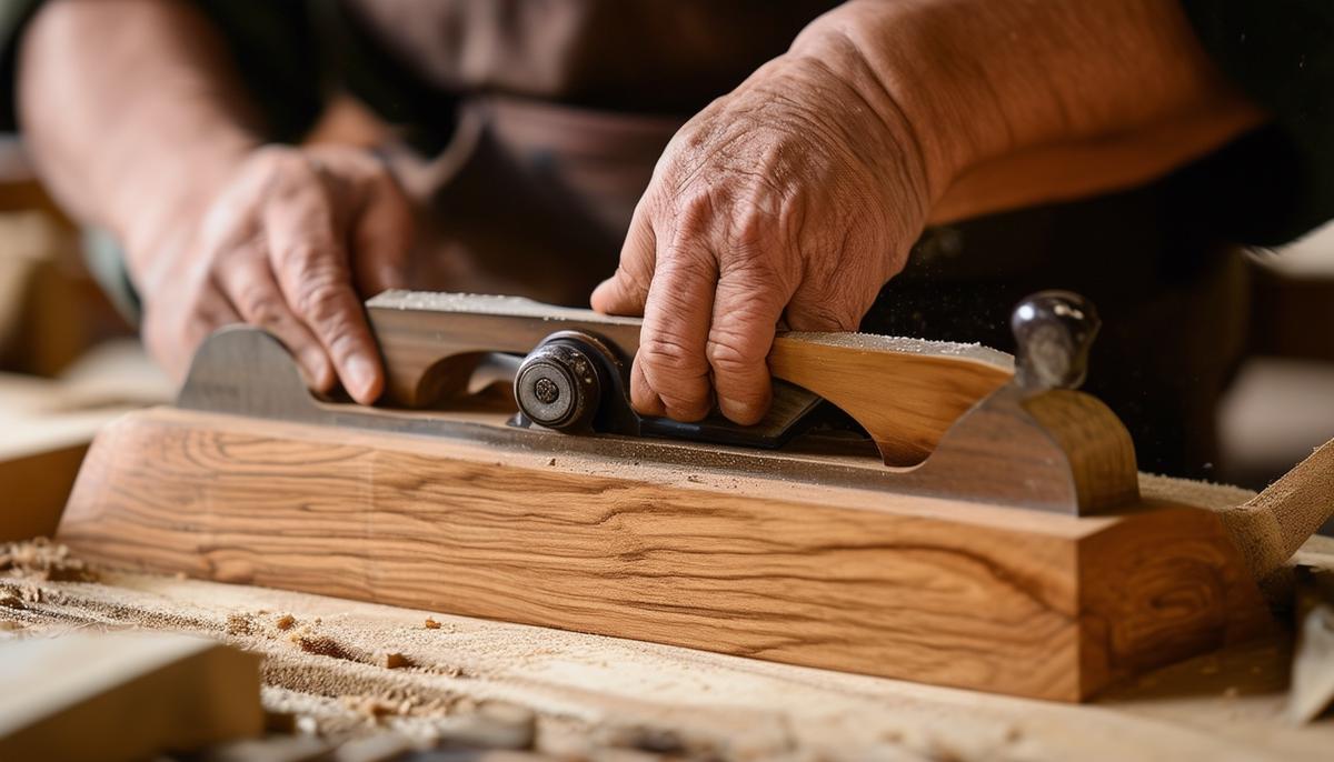 A Japanese woodworker using a traditional kanna wood plane.