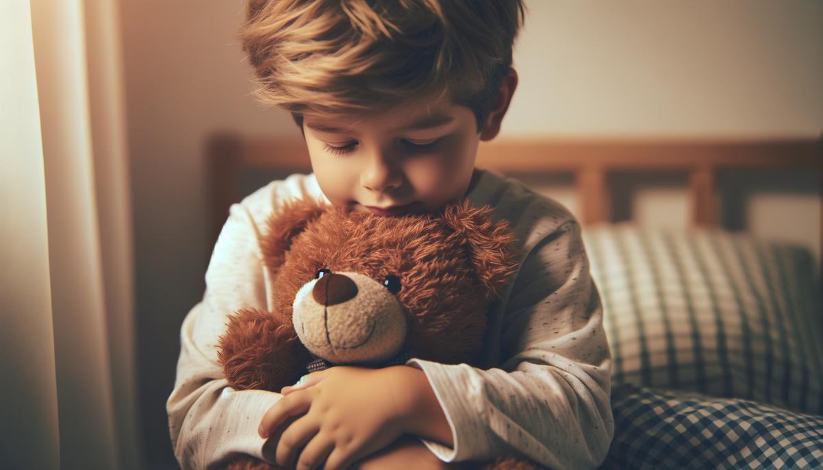 Ein Junge umarmt seinen braunen Teddybären liebevoll in seinem Kinderzimmer